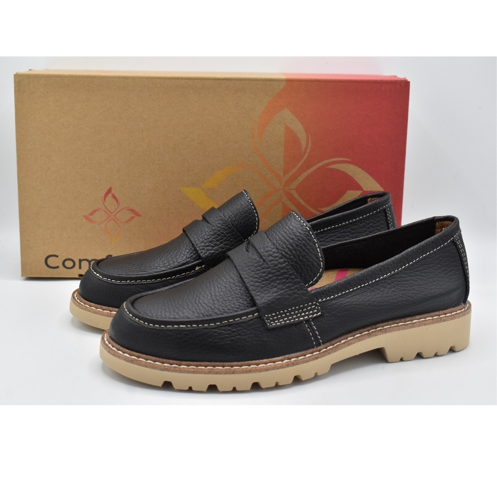 Comfortiva Lakota Loafers Womens 7 Black NEW Pebbled Leather Platform Lug Shoes